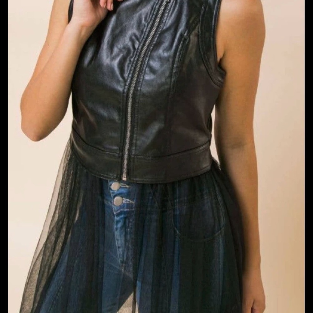 Black Leather Sleeveless Top with Sheer Overlay